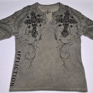 Affliction Gray Long Sleeve Tee with Black Cross Design